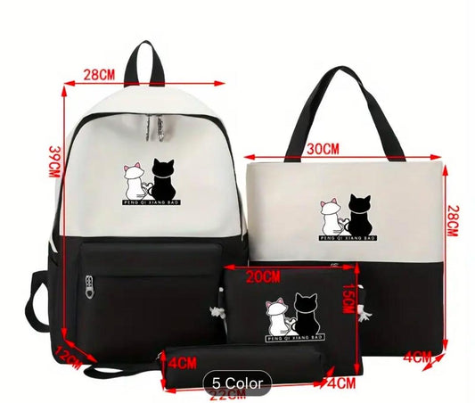 Cute Cat Print 5-in-1 School Bag Set for Girls