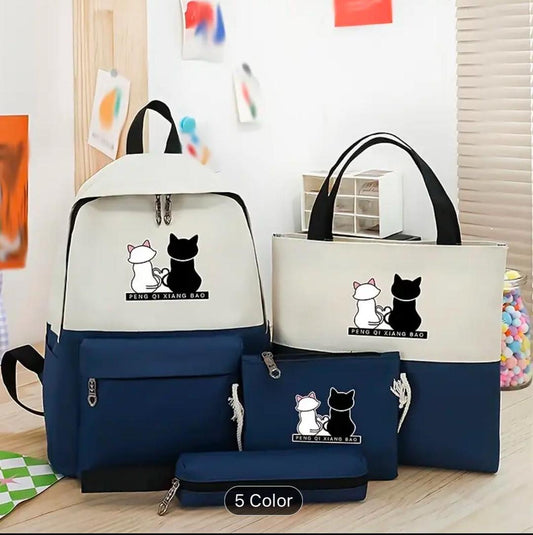 Cute Cat Print 5-in-1 School Bag Set for Girls