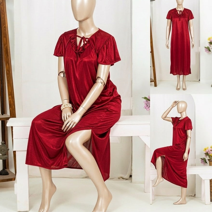 1 Pc Silk Satin Bow Tie Maxi Night Dress